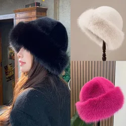 New Warm Fluffy Fur Bucket Hat Cold Snowy Day Panama Cap Ear Protection Thicken Plush Fisherman Hat Women
