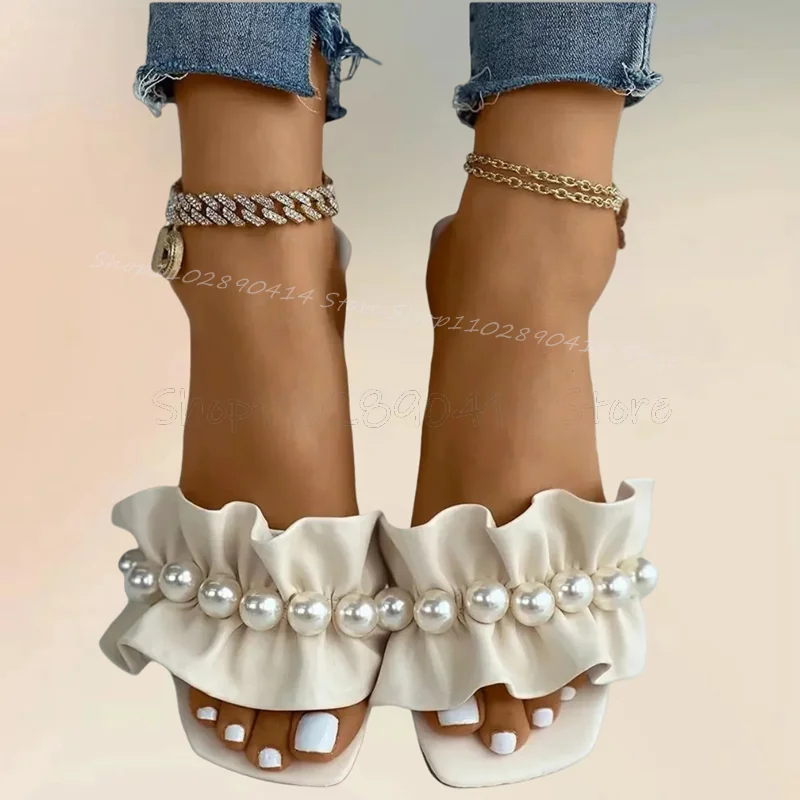 

White Pearl Decor Pleated Ruffles Open Toe Slippers Slip On Women Shoes Chunky Heels Fashion Banquet 2024 Zapatos Para Mujere