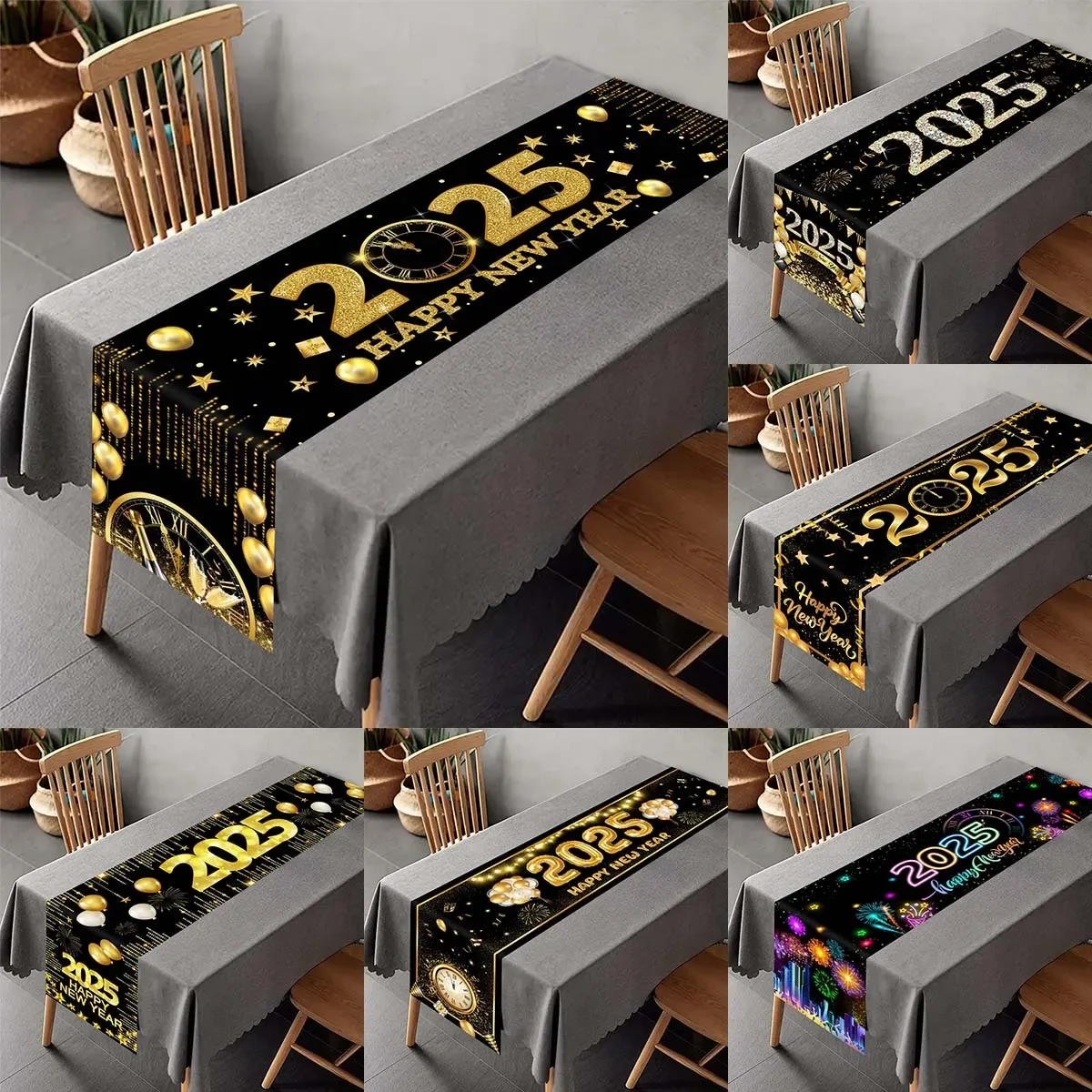 2025 Happy New Year Table Runner Firework Champagne Polyester Table Flag For New Year Party Dining Kitchen Table Decorations