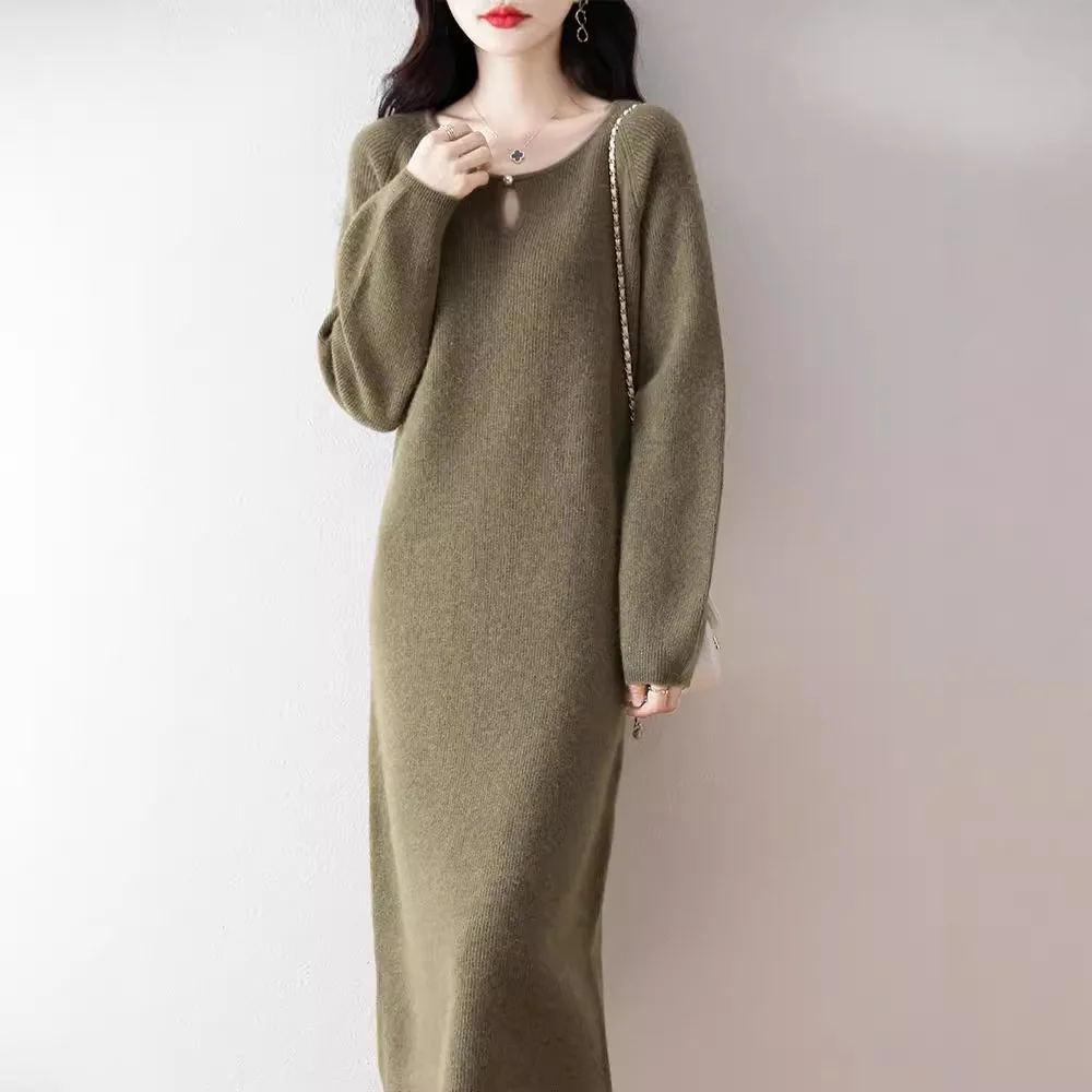 

2025 Autumn Winter Pure Wool Dress - Women's Loose Lazy Style Knee Length Knit Sweater Dress, Fashion Warm Dres