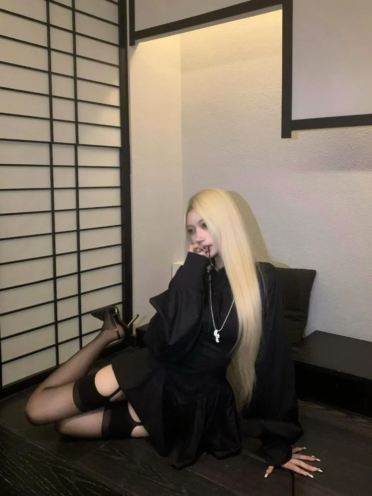 Vintage Lange Mouw Vrouwen Jurk Retro Shirt Slim Fit Taille Ontwerp A-lijn Punk Korte Rok Elegante Y2k Lente 2025, Mode Nieuwe