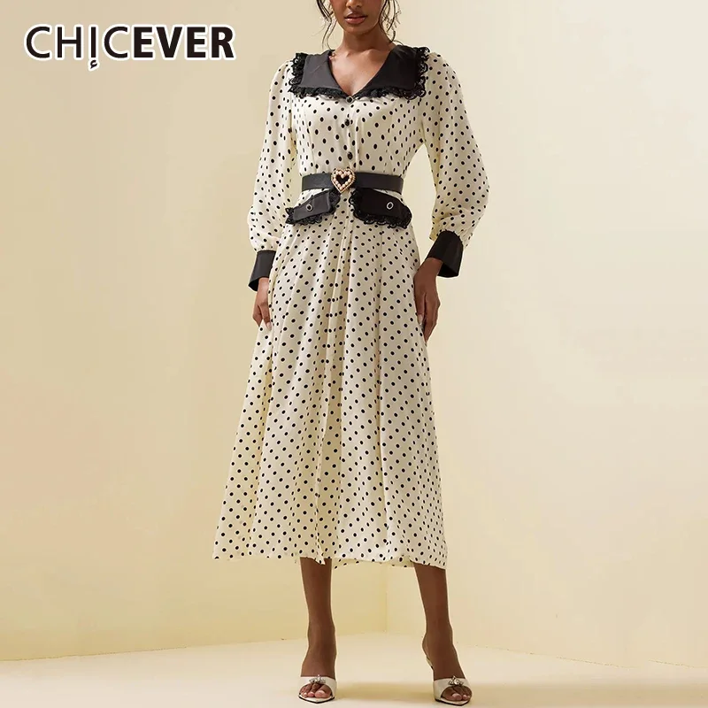 

CHICEVER Colorblock Loose Spliced Lace Dresses for Women Doll Collar Long Sleeve Patchwork Wave Point Dress Female Temperament