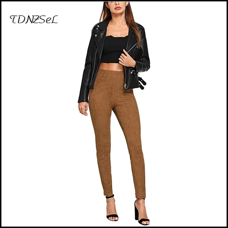 Stretch Seamless Legging Women Tan Faux Suede Leather Pants Slim Lady Autumn Skinny High Waist Pencil Trousers Fashion Custom