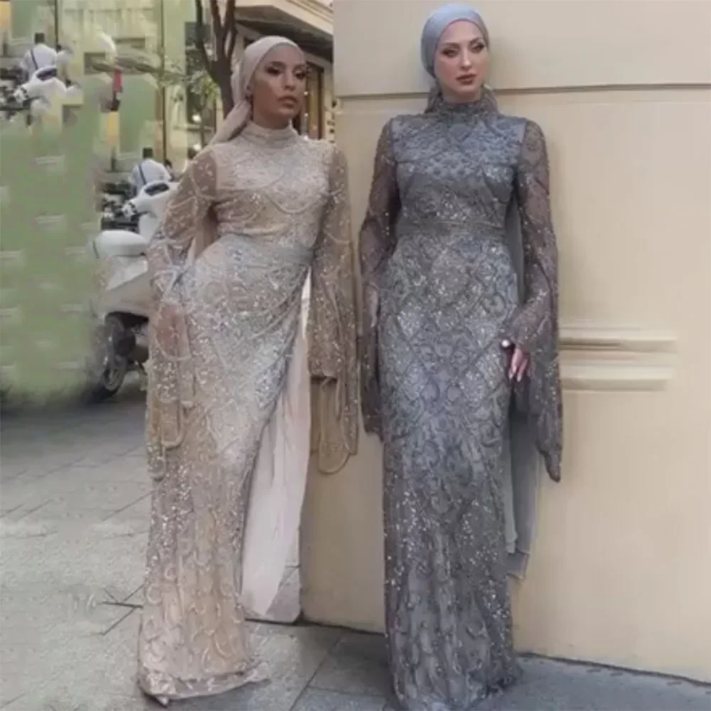 Serene Hill Muslim Grey Mermaid Elegant Cape Sleeve Beaded Luxury Dubai Long Evening Dress 2025 Women's Party Customize BLA72316