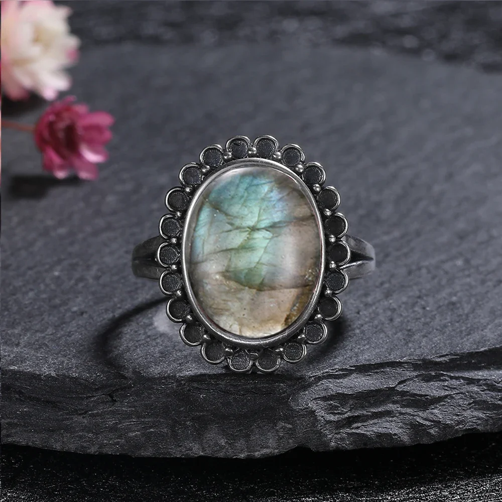 

S925 Sterling Silver Rings Big Oval Natural Labradorite Moonstone Rings for Men Women Wedding Engagement Ring Trendy Jewelry