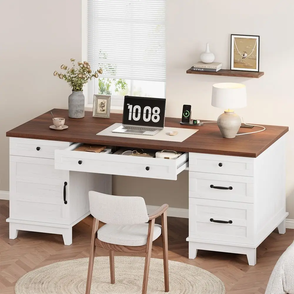 

Executive Desk with Power Outlet, Home Office Desk with Drawers, Wooden Work Desk with File Cabinet, Computer Desk for Work, St