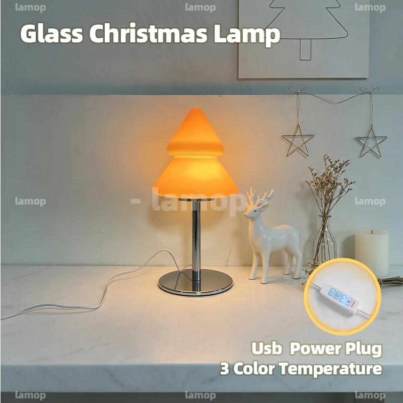 Glass Twin‑Cone‑Fir Shade Table Lamp Nordic‑Playful 3 Tone Warm‑Halo Christmas Study Lounge Shelf Decor