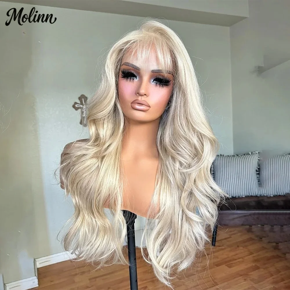 613 Blonde Body Wave Lace Front Wig with Bangs Women 13x4 HD Synthetic And Blend Premium Fibre Heat Resistant Party Wear Cosplay