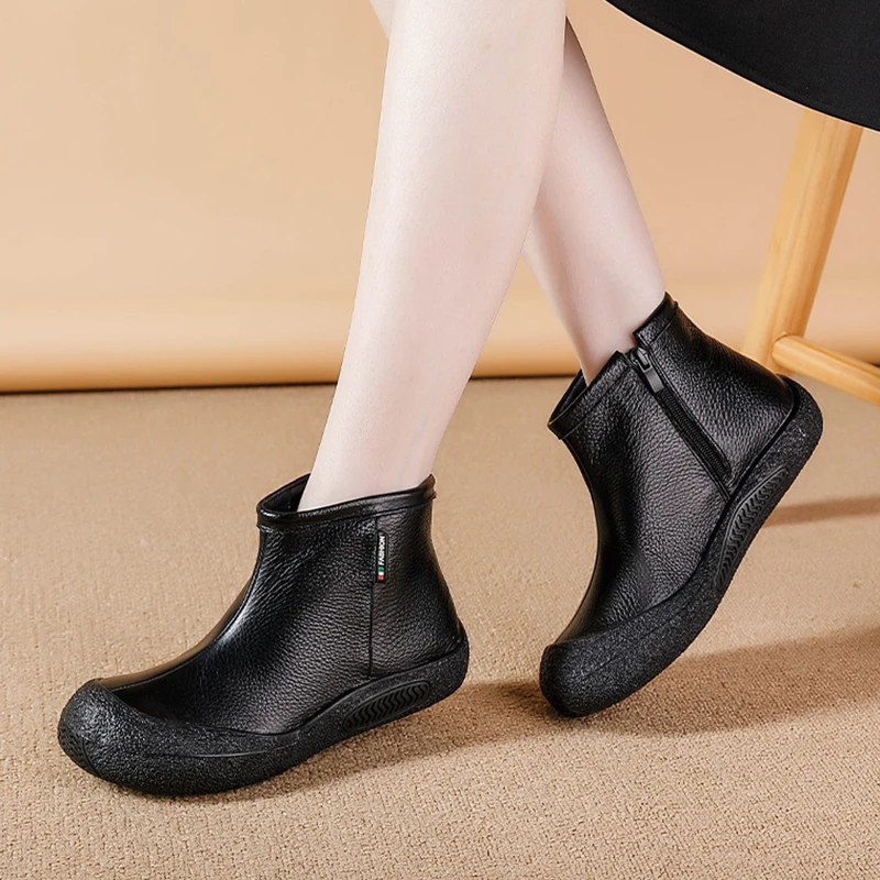 Genuine Leather Ankle Boots For Women Flat 2024 Winter New Retro Rear Zipper Casual Soft Sole Single Shoes Thick Sole Boots