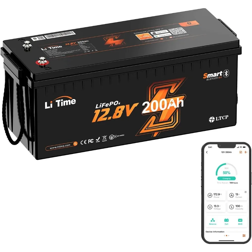 12V 200Ah LiFePO4 Lithium Deep Cycle Battery Bluetooth, Low-Temp Protection, 2560Wh Energy Max. 1280W Load, Built-in 100A BMS