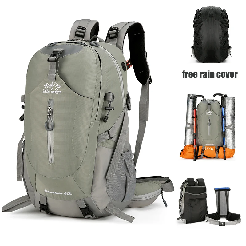 40L المشي لمسافات طويلة التخييم على ظهره السفر مع غطاء للمطر في الهواء الطلق حقيبة التسلق النايلون حقيبة كبيرة الأمتعة عطلة نهاية الأسبوع الرياضة المدرسية الرجال