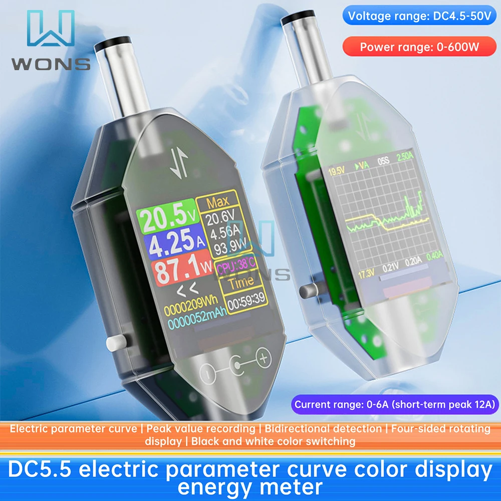 DT550 Meteran Daya Arus Tegangan DC Tampilan Digital Presisi Tinggi DC 5.5*2.5 Instrumen Pengujian Antarmuka DC 4.5-50V 0-12A