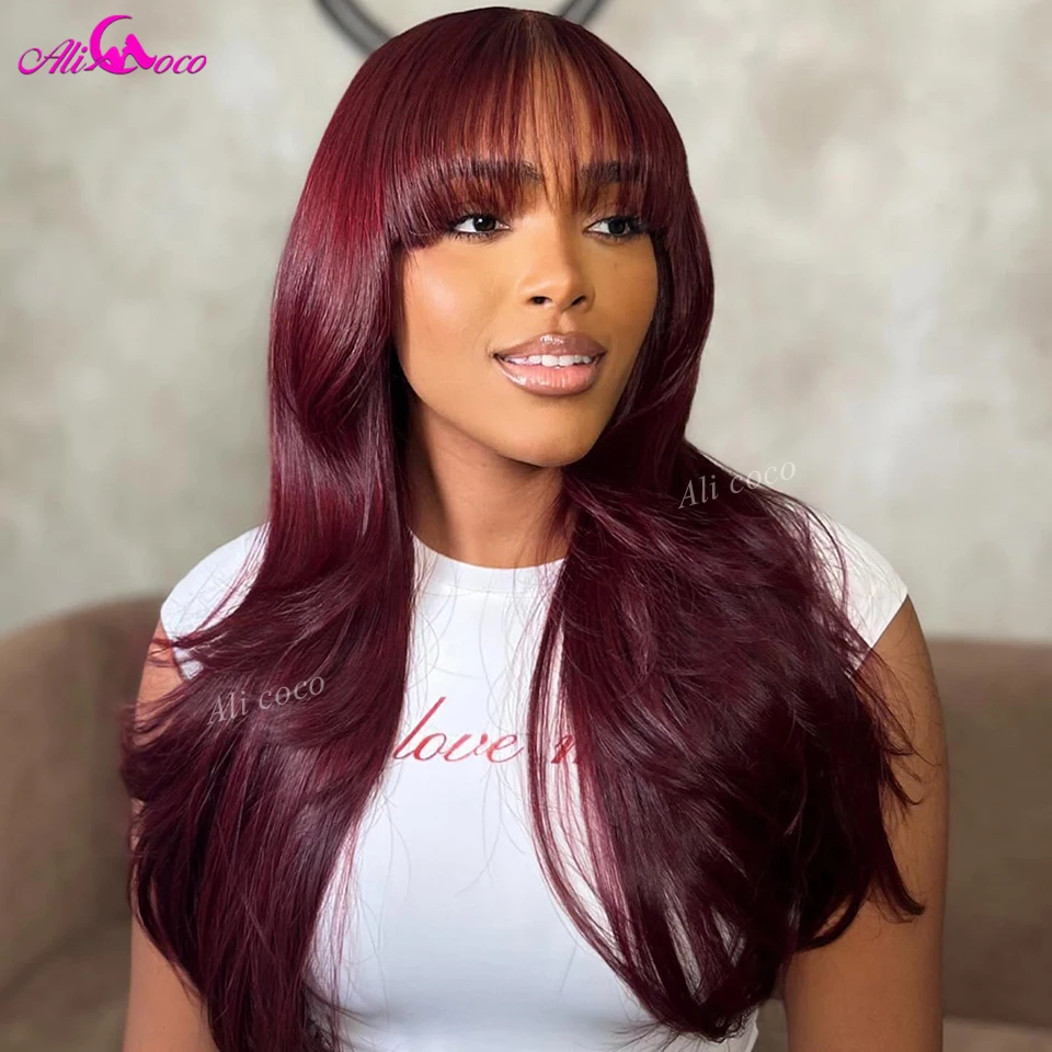 Body Wave 99j Burgundy Lace Front Wigs Human Hair 13x4 Transparent Frontal Wig With Bangs Pre Plucked With Baby Hair 200 Density