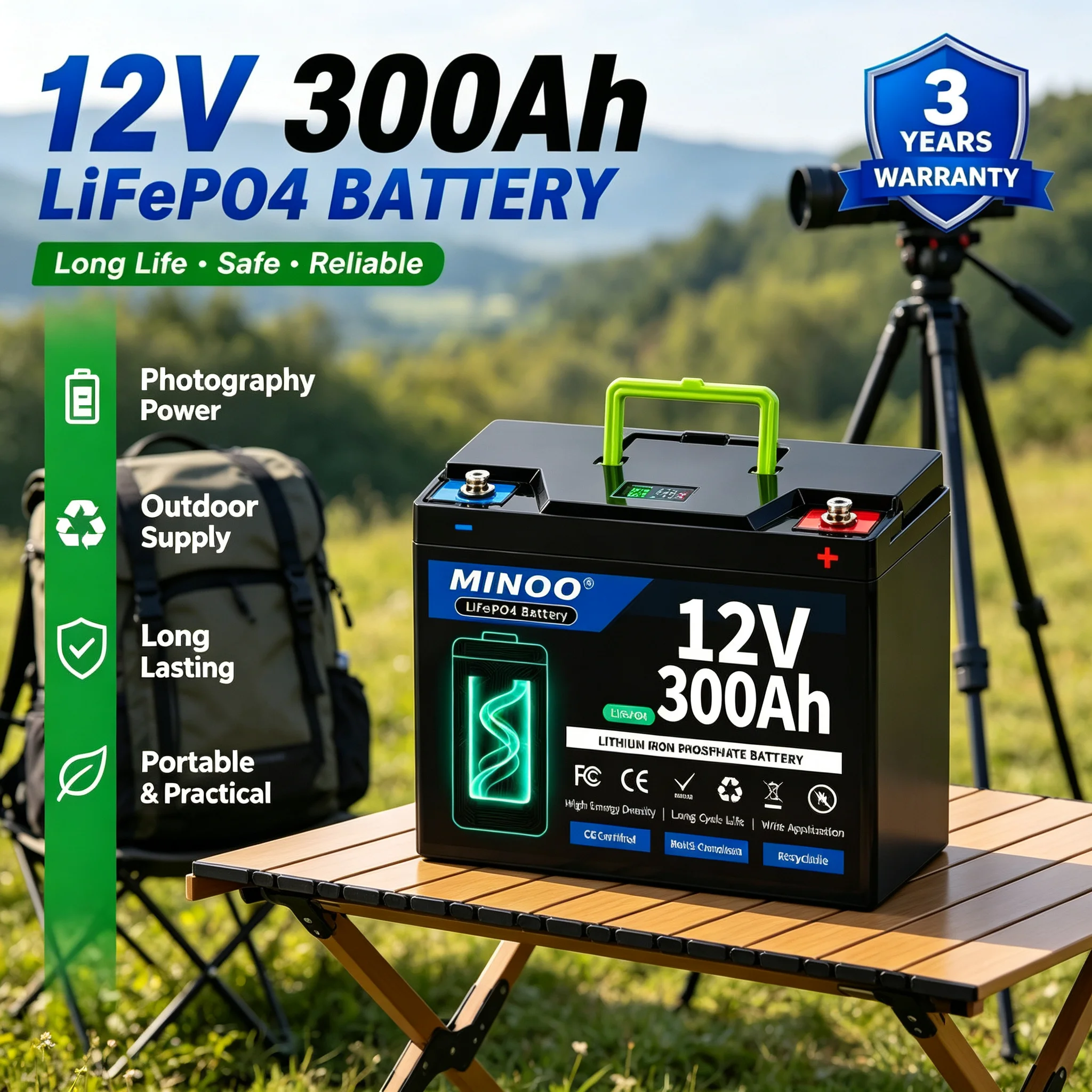 12V 300Ah Lithium LiFePO4 Battery Built-in 300A BMS High Capacity Deep Cycle Battery for RV Solar Marine Backup Power