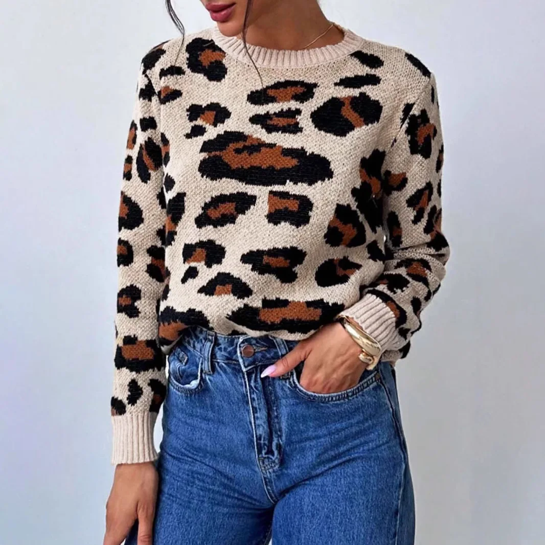 

Women Pullovers Sweaters Leopard Print Round Neck Full Sleeve Jumpers Y2k Streetwear Elegant Splice Knit Tops 2025 Autumn Winter