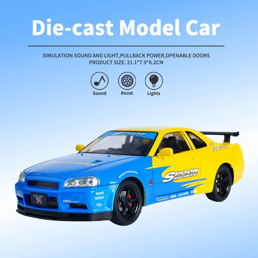 GTR legering gegoten modelauto's, 1/24 terugtrekken speelgoed raceauto Skyline GT-R, verzamelbare auto ornament, favoriete auto speelgoed geschenken voor jongens