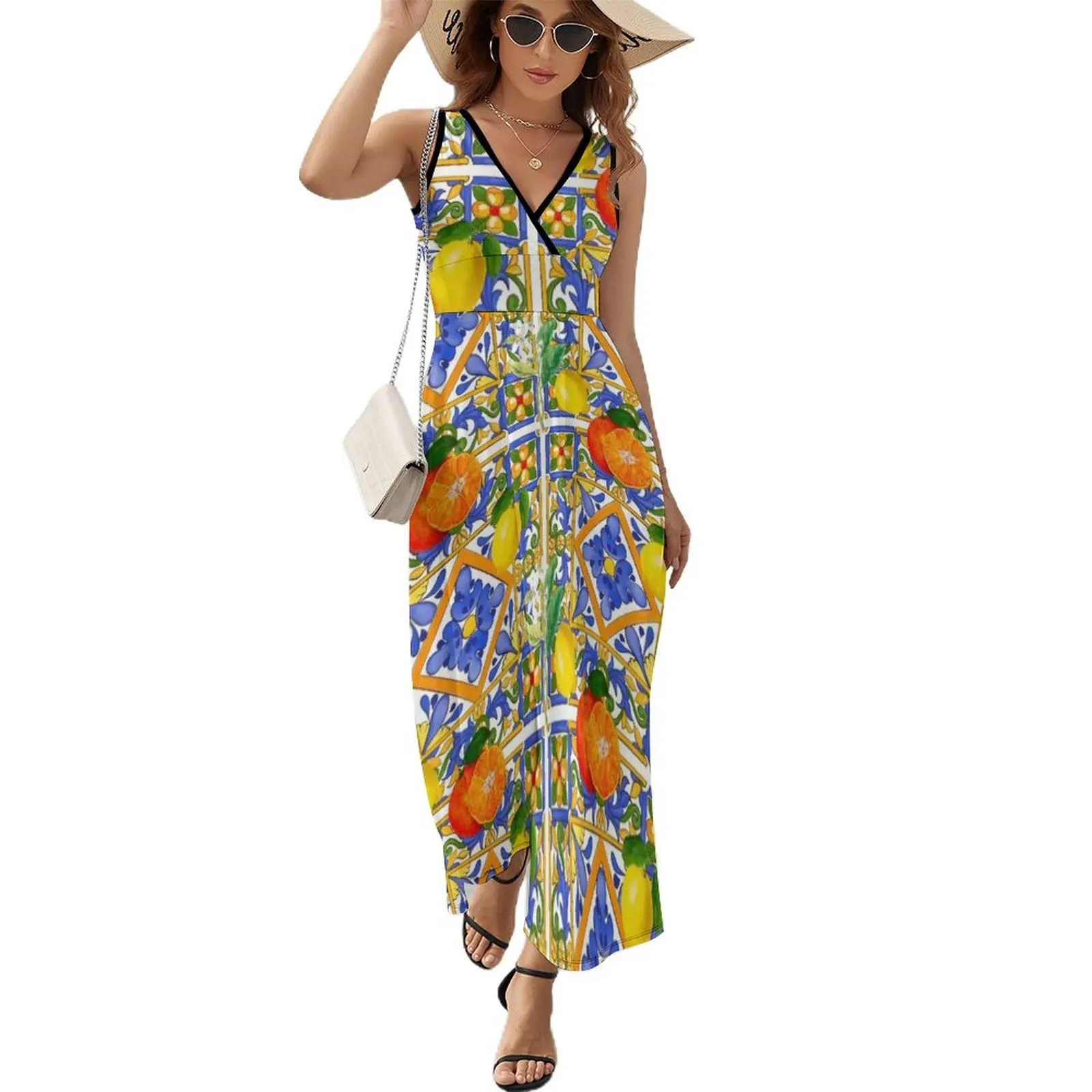 

Summer ,Sicilian tiles ,citrus,oranges,majolica,lemons ,Mediterranean Sleeveless Dress dress for women summer