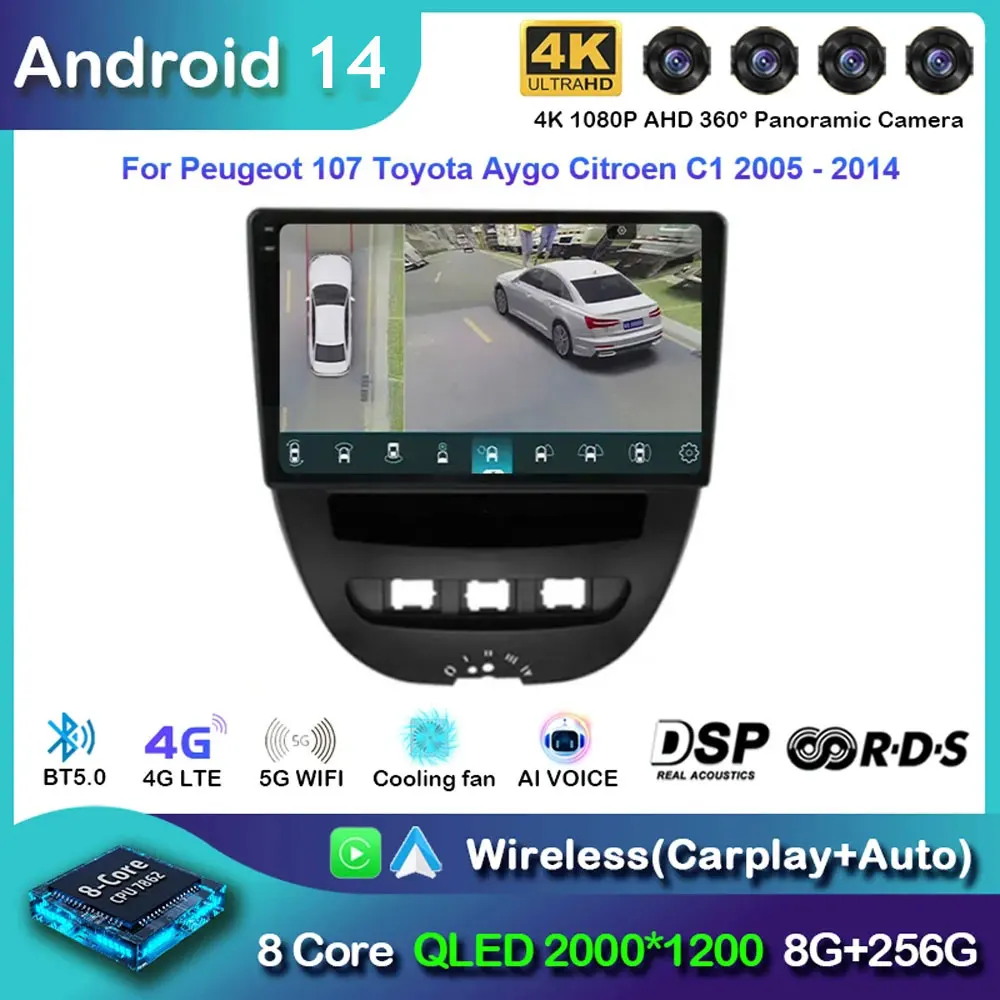 

Автомагнитола 2 Din Android 14 для Peugeot 107, Toyota Aygo, Citroen C1 2005-2014, мультимедийный видеоплеер с GPS, 4G, Carplay, автостерео