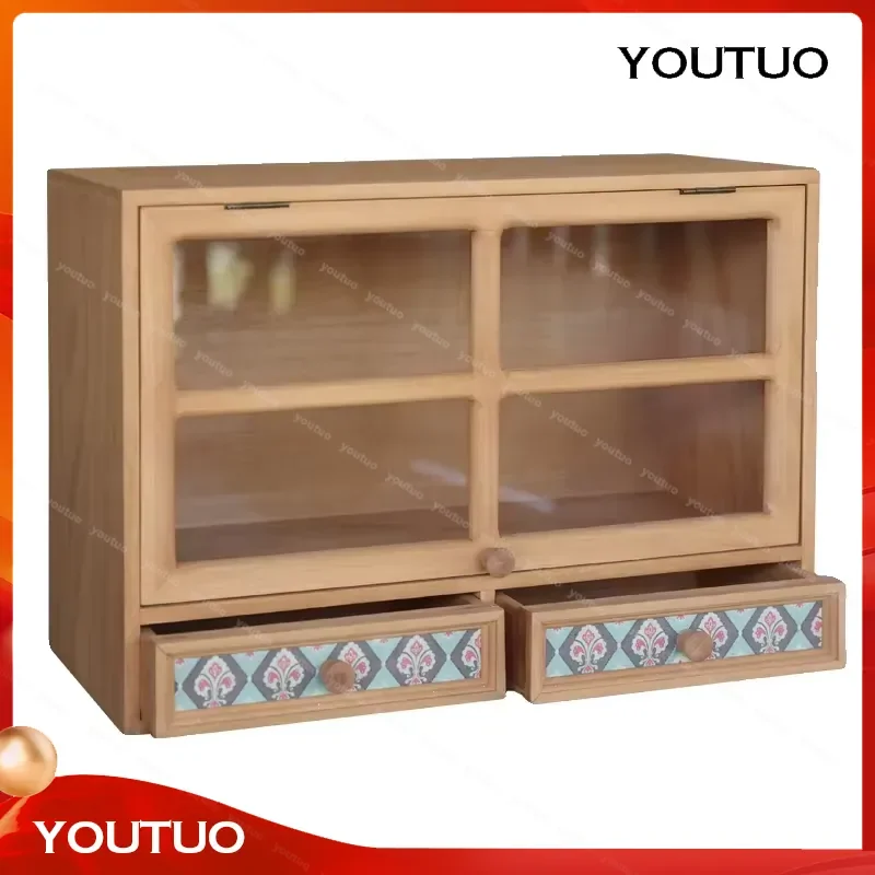 Retro Wooden Desktop Storage Box with Glass Door and Drawer for Perfume Cosmetics Cabinet Locker Organizer
