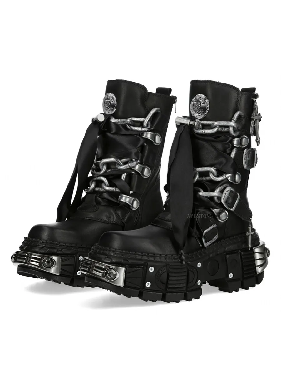 Thick Sole Metal Studded Chain Motorcycle Boots 2026 New Round Toe Street Punk Rock Boots Fashion Sporty Casual Y2K Gothic Boots