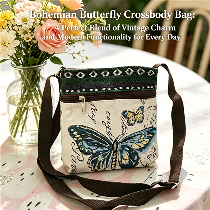 Bohemian Butterfly Owl Canvas Crossbody Bag Double Sided Gold Embroidered Canvas Bag Beach Daily Womens Casual Handbag Purse view 5