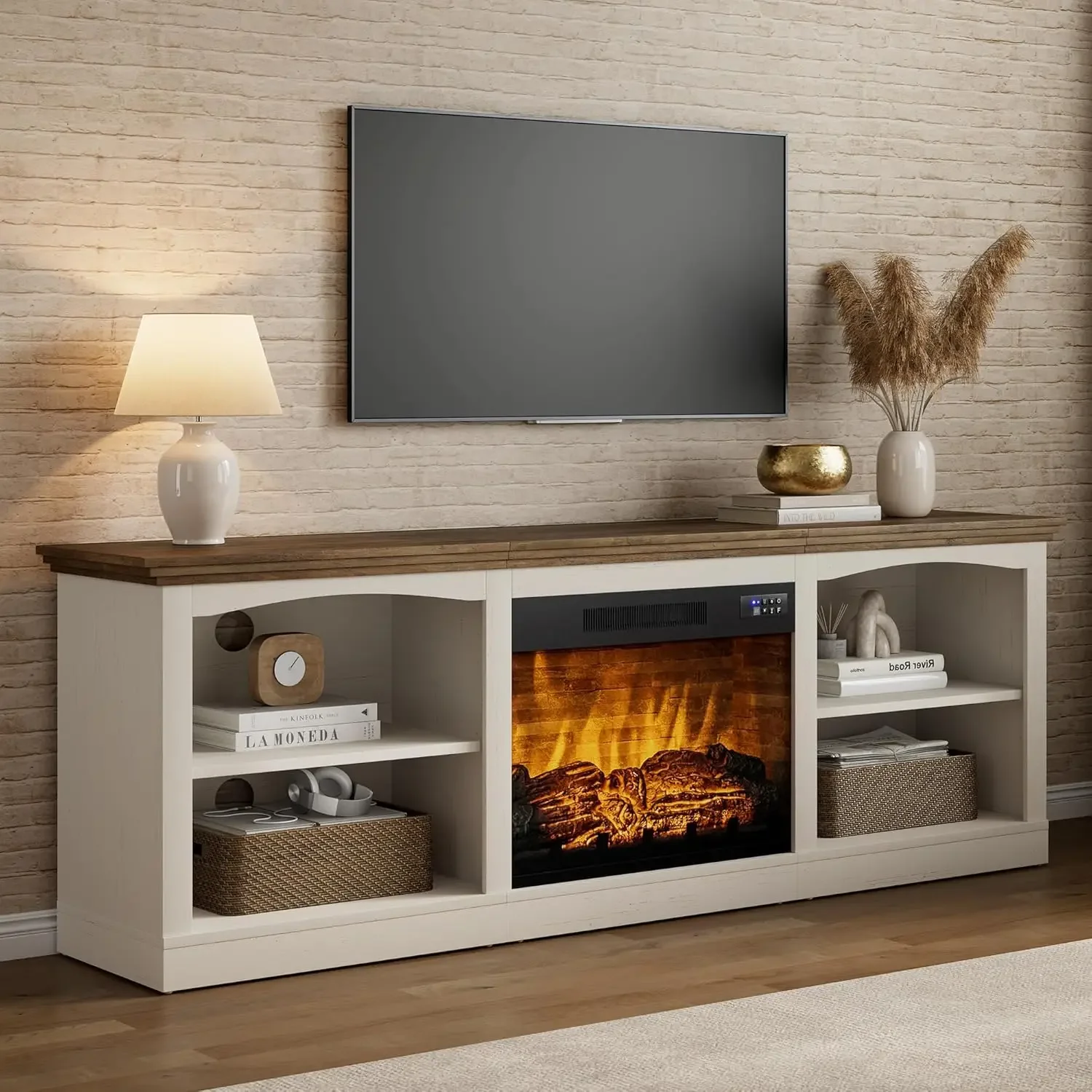 Farmhouse Media Console Table With 23 Inch Fireplace 70 Inch Tv Stand For Up To 80 Inch Tvs Open Shelves One Box Delivery Living