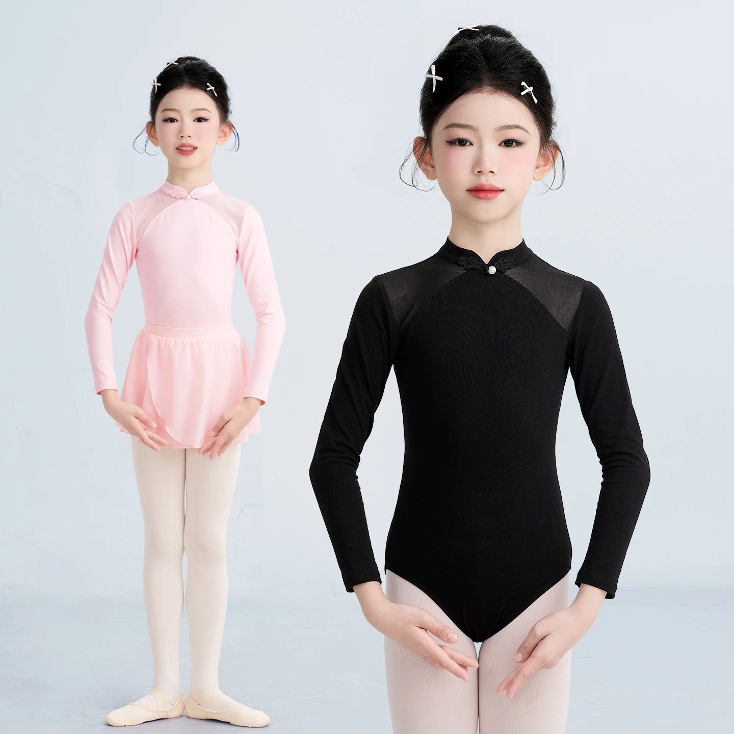

Балетные трико с длинными рукавами для девочек, детские танцевальные боди с воротником-стойкой и пряжкой, хлопковый гимнастический купальник, черные балетные трико