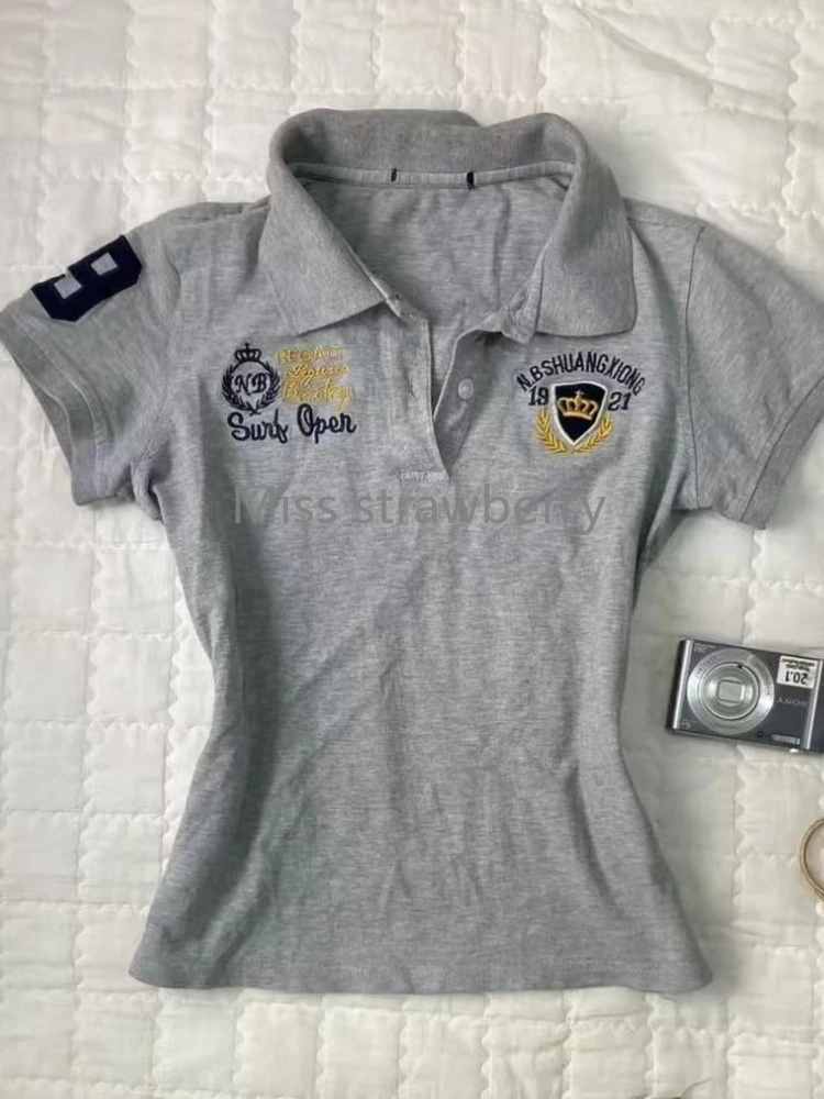 Embroidered Shoulder Polo Neck Short Sleeve T-shirt Female Summer Design Hot Girl Vintage Preppy Style Short Thin Tees Outfits