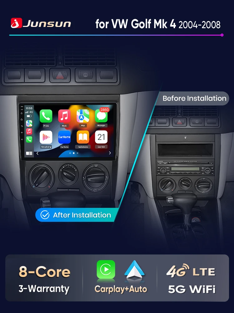 Junsun Android 15 Autoradio für Volkswagen VW Golf 4 IV 2002-2008 Jetta MK4 Classics Kabelloses CarPlay Android Auto GPS-Navigation Multimedia-Player WiFi 4G DSP RDS Bluetooth FM AM IPS Touchscreen