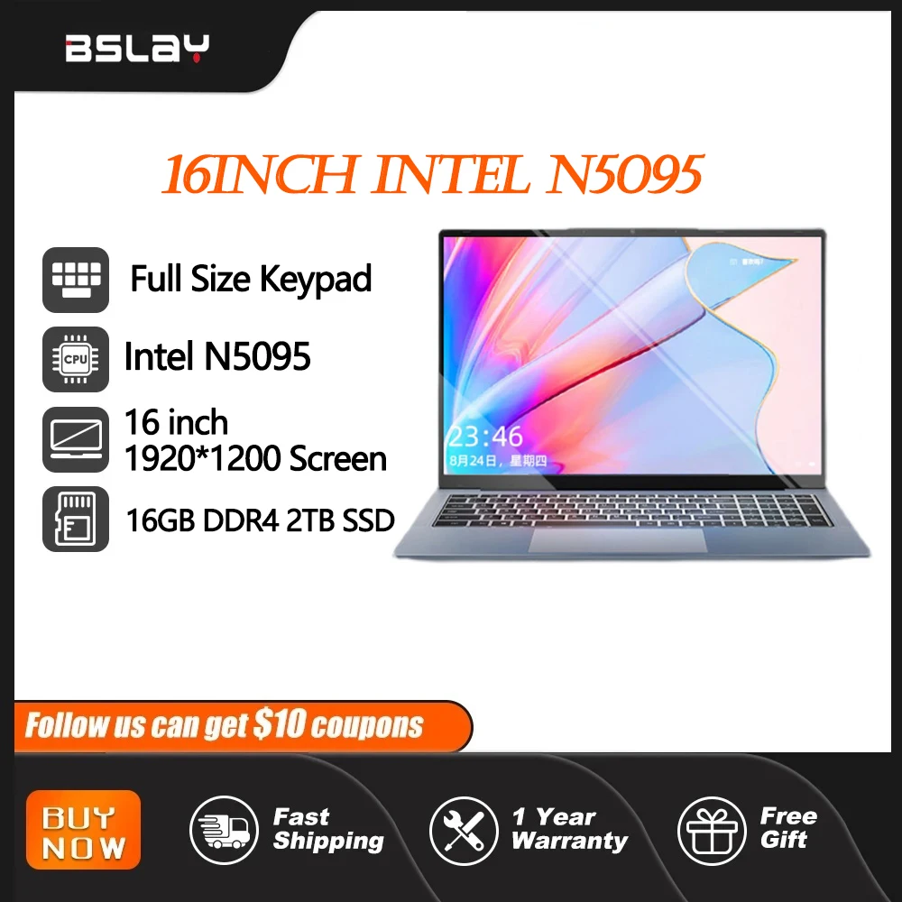 Notebook 16inch Intel N5095 16GB RAM 2TB SSD HD Camera DDR4 Window11 HDMI Office 4Cores 4Threads Portable Gaming Laptop PC