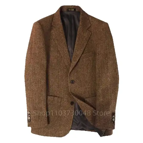 Casual Men's Brown Herringbone Blazer Tops Notch Lapel Two Buttons Outwear Prom Tuxedo Business Wedding Jacket Wool Suit Coat