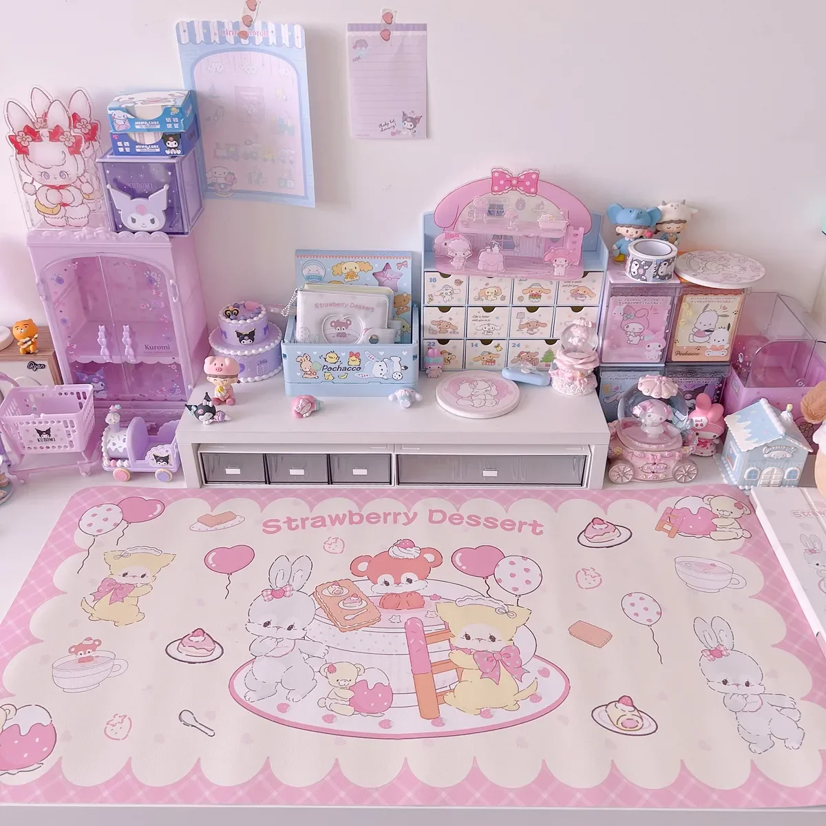 Leather Desk Pad Protector Pink Strawberry Dessert Bear Bunny Mouse Pad Office Desk Mat Waterproof Non-Slip PU Desk Blotter Pad