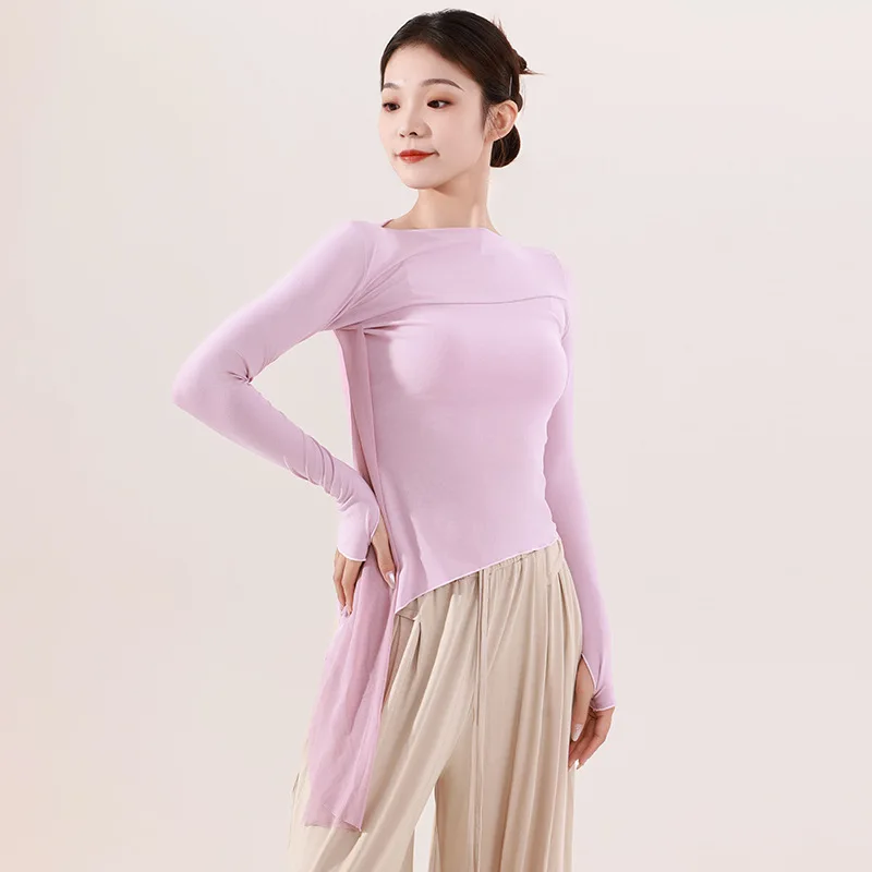 Одежда для танцев, тренировочная одежда, учительница, осенне-зимний стиль для взрослых, плавающая пряжа, чехол с длинными рукавами, тонкий топ на палец