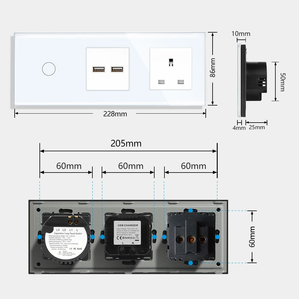 TAWOIA UK Power Socket Touch Switch Glass USB Double Outlet Triple 13A Wall Sockets Button Switch Fits British Standard Plugs