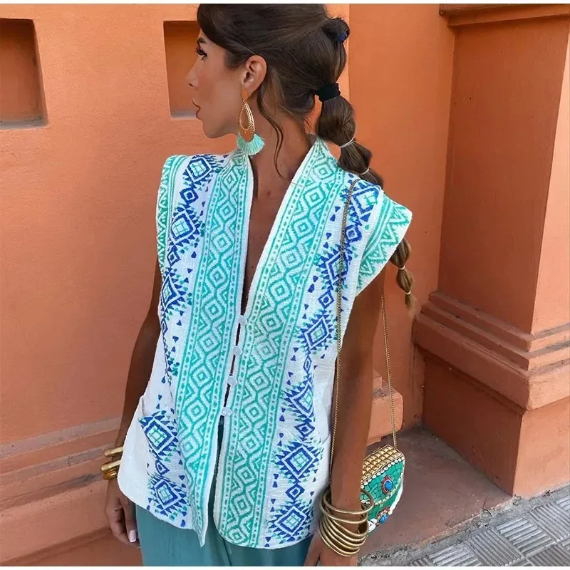 

Vintage Print V Neck Vest Women Elegant Single-breasted Sleeveless Long Waistcoat Female 2024 Autumn Ladies Loose Streetwear