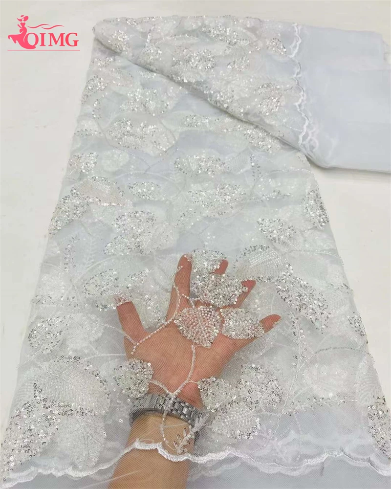 OIMG Latest African Sequins Lace Fabric 2024 High Quality Lace Embroidery Beaded Mesh Fabric 5 Yards For Women Wedding Party