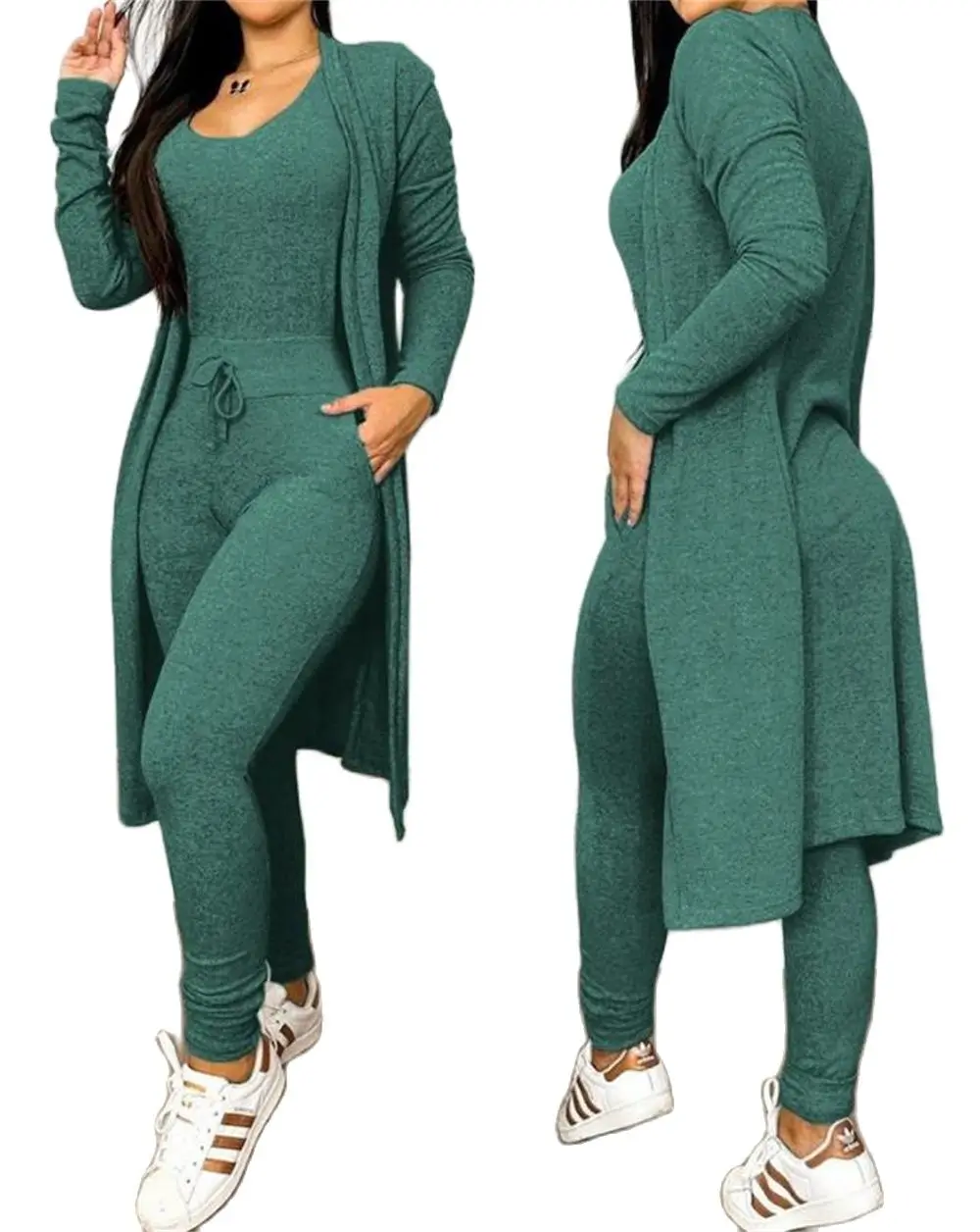 Women Drawstring Pocket Design U-Neck Sleeveless Skinny Jumpsuit Long Sleeve Coat Set Spring Fashion Two Piece Set Women Outfit