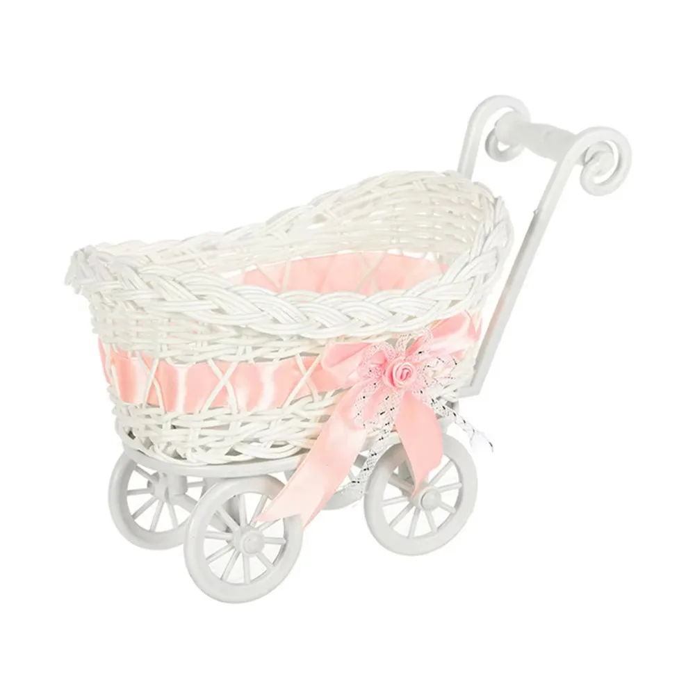 Mini Cute Design Baby Cart Stroller Storage Basket Imitation Rattan Handmade Woven Storage Tray Decorative Multipurpose
