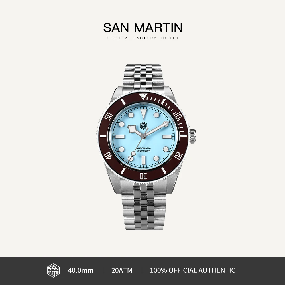 San Martin 40mm Diver Watch Enamel Dial Light Blue Pink Stainless Steel NH35 Automatic Luminous 200m Waterproof for Men SN0128