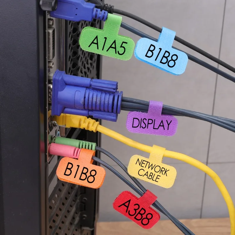 100/10 szt. Nylonowe etykiety na kable kolorowe wodoodporne etykiety na przewody tagi wielokrotnego użytku przenośne samoprzylepne opaski kablowe akcesoria do okablowania