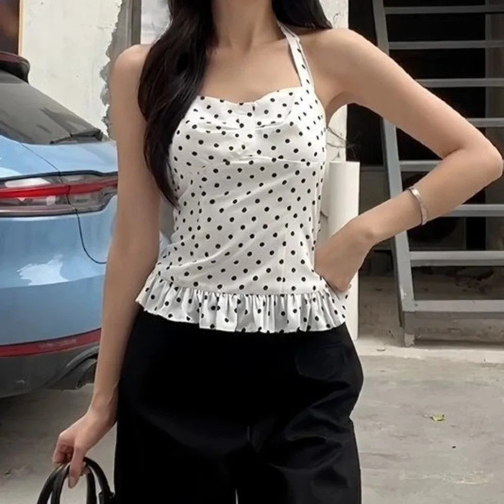 

Chic Sleeveless Y2k Dot Crop Top Slim Fit Lace Up Halter Ruffle Vest Top Korean Style Ruffle Women Camisole Streetwear