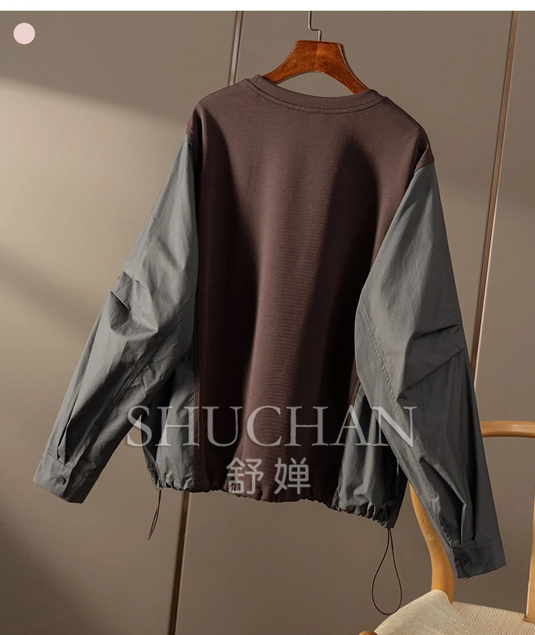 Relaxation Loose Fashion Splicing Contrasting Color Long-sleeved Hem Drawstring Sweatershirt Women  Streetwear Women