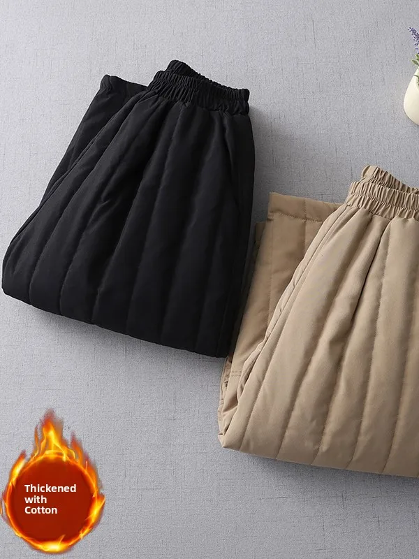 الخريف الشتاء Thiened سراويل قطنية عالية الخصر مرونة الخصر المرقعة بنطال ذو قصة أرجل واسعة خمر Sle المرأة حجم كبير بنطلون
