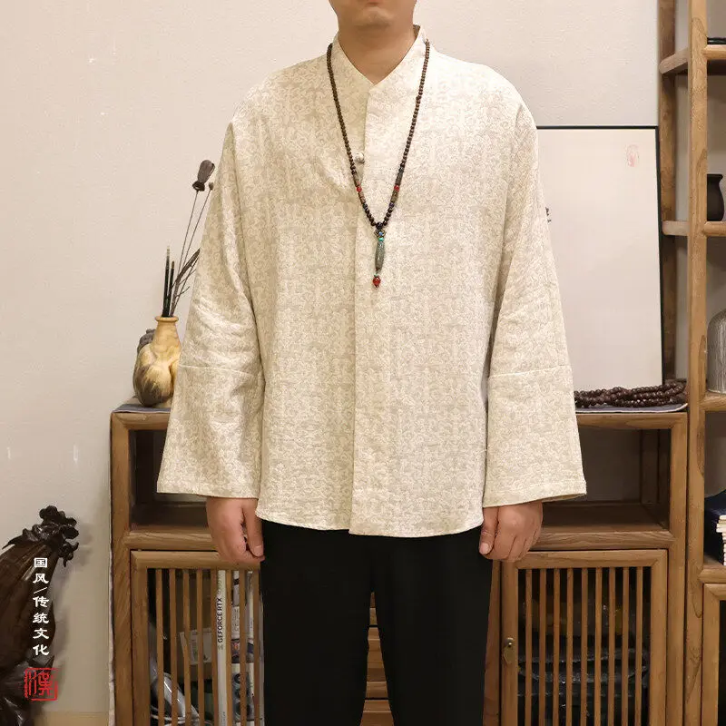 

Новая весенняя мужская длинная рубашка-трансформер из хлопка и льна с вышивкой в стиле Дзен, в новом китайском стиле, этнический костюм-тан, приталенный крой для молодежи