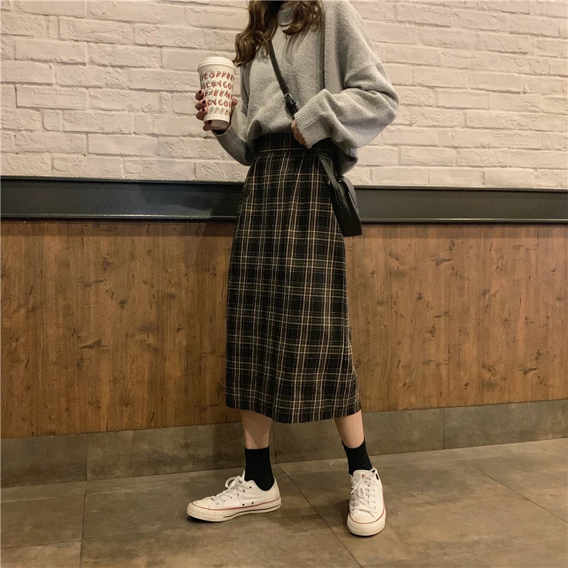 Women High Waist Dark Brown Split Slim Korean Woolen Skirts Elastic Plaid Print Summer Vintage Female Midi Long Skirt Streetwear