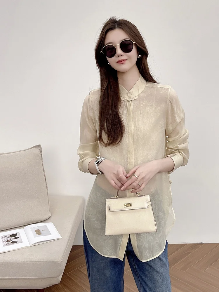 

Franz New Chinese Sle Long Sve Loose irt Women's Early Autumn New Sle Elely Designed Stand Collar Top