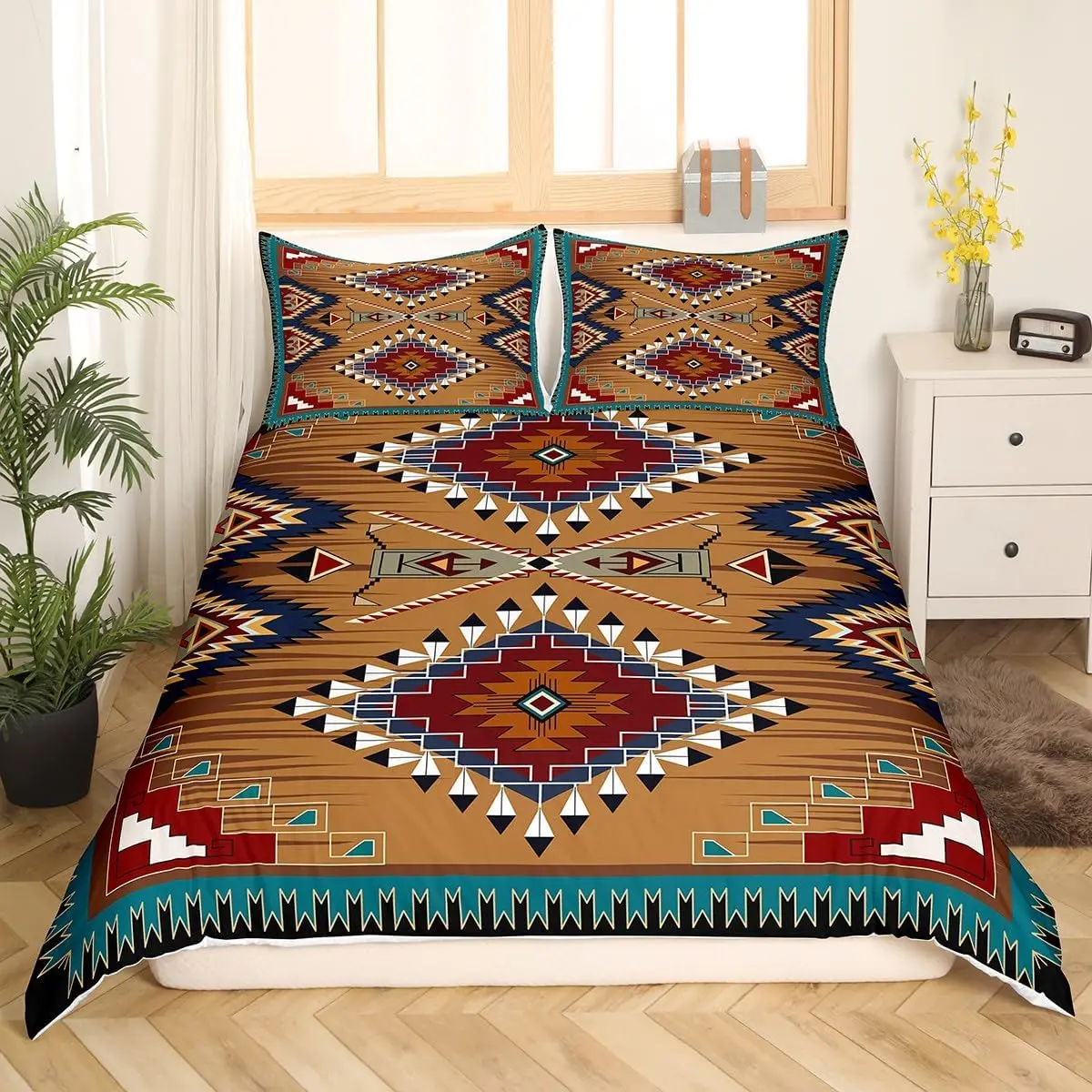 Bohemian Southwestern Native Duvet Cover Set Boho Aztec Bedding Set with Pillowcases Vintage Farmhouse Quilt Cover Single