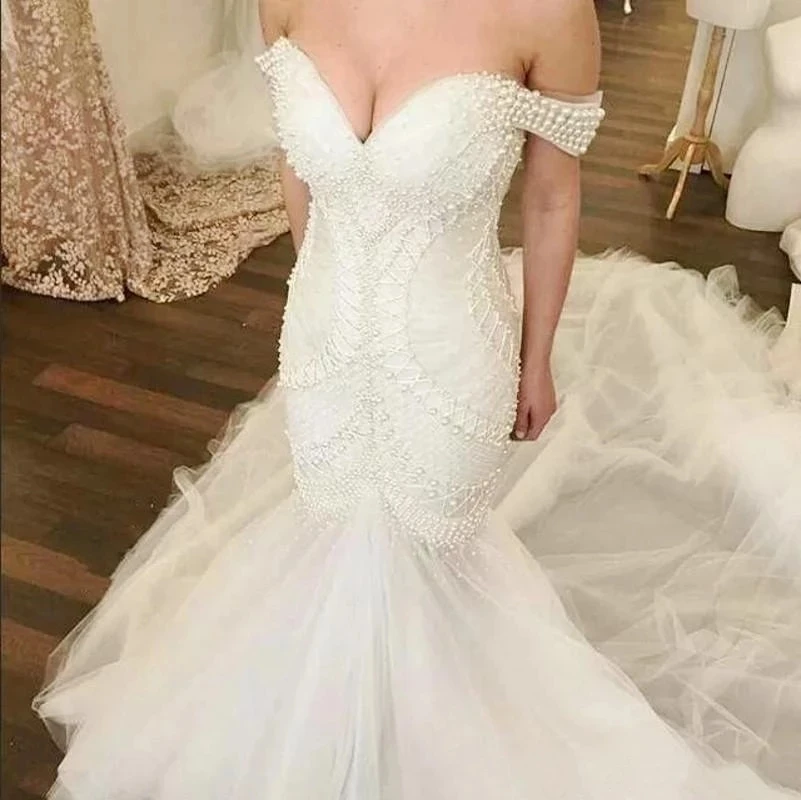 ANGELSBRIDEP-vestidos De novia De sirena con hombros descubiertos, traje De Mariee a la moda con cuentas De perlas, tren De corte, vestidos De novia largos formales