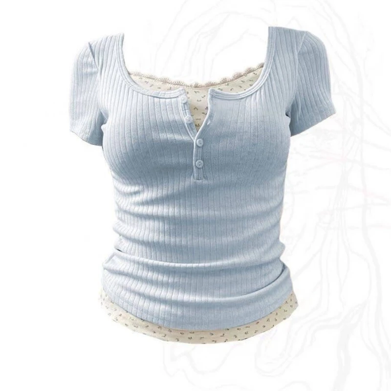 

Floral Lace Patchwork Slim Sweet T Shirts Women Clothing New Summer Y2K Short Sleeve Fake Two Pieces Korean Tops Fashion Sexy