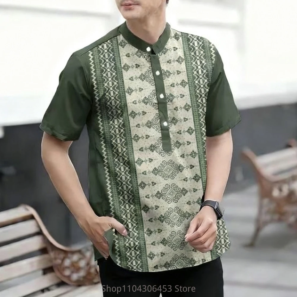 Men's simple retro stand-up collar short-sleeved shirt natural curly grass pattern 3D printing casual fashion T-shirt vacation